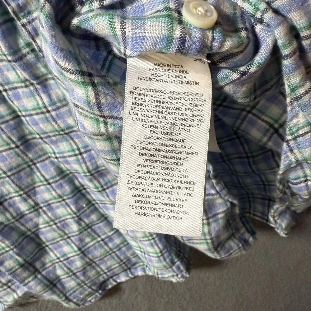 Ralph Lauren Mens Large Linen Plaid Short Sleeve Button Down Shirt Blue Green